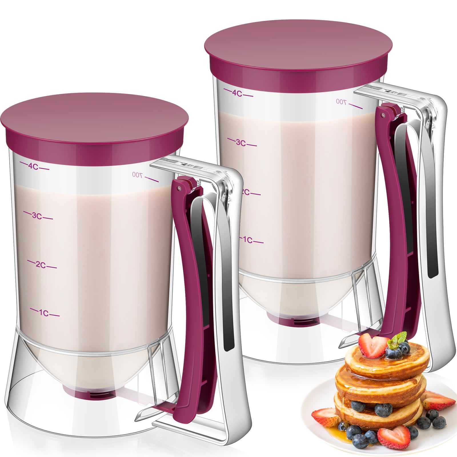Photo 1 of FillTouch 2 Pcs Cupcake Batter Dispenser Pancake Mix Dispenser 4 Cups with Squeeze Handle Tools for Pancake, Cupcake, Cookie, Cake, Waffles, Ice Cream Baking Gifts for Kitchen Housewarming (Purple)