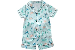 Toddler Baby Girl Boy Silk 𝐏ajamas 2 Pcs Short Sleeve Top Shorts Satin 𝐏js Button Cute Cartoon Loung𝐞wear Set Summer