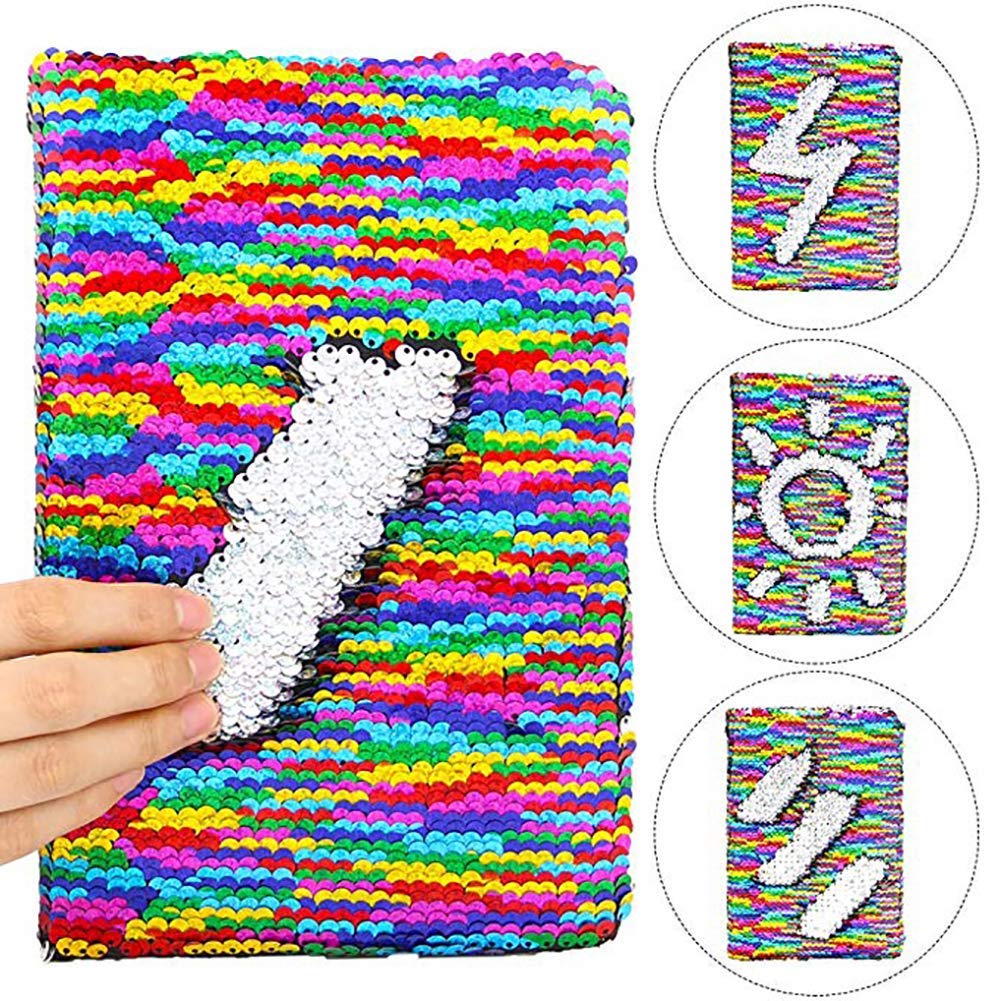 Fanovo Sequin Notebook, Unicorn Journal, Mermaid Reversible Sequin Diary with Lock and Key, Size A5 (8.5” x 5.5”) , + 1 Sheet Photo Corner + 2 Pens (Rainbow-with Lock)