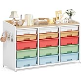 Wood Top Storage Cabinet with 15 Drawers, Pegboard&Adjustable Feet,Color | Classroom Storage with Ample Bins,Craft Organizati