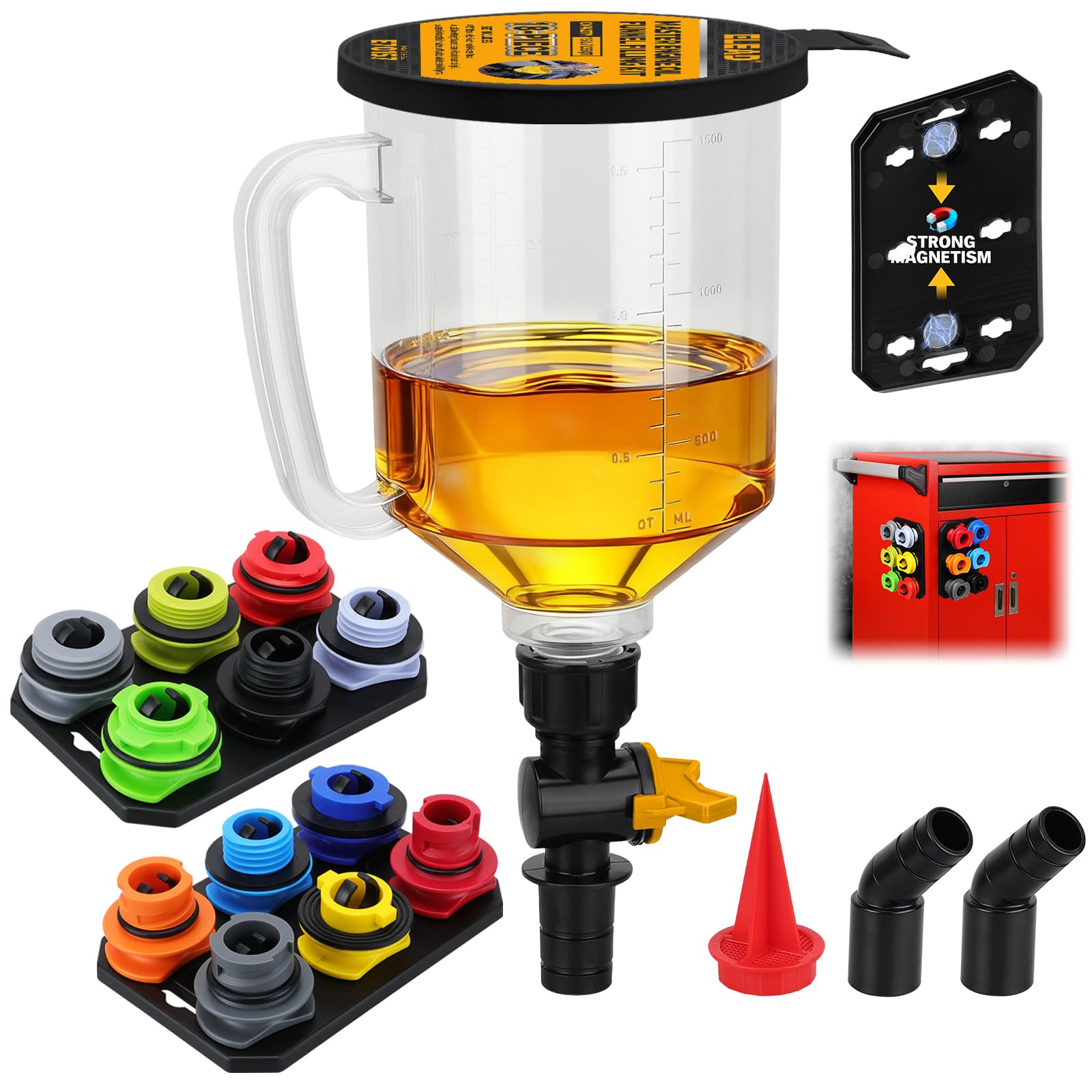 Photo 1 of 18-Piece No Spill Engine Oil Funnel Kit, 1.59QT/ 1.5L Automotive Coolant Funnel Set, 12 Adapters, Elbow Fitting, Arrow Screen & Magnetic Tray, Compatible with GM, Ford, BMW, Audi, Land Rover Etc