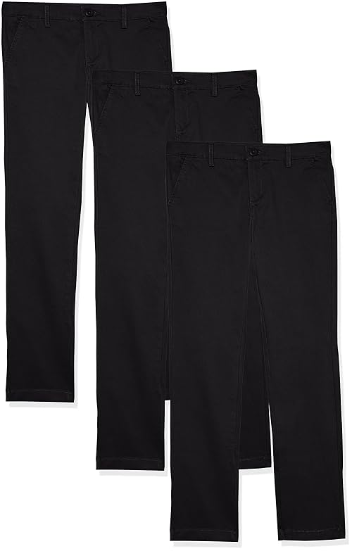 Amazon Essentials Girls' Uniform Flat-Front Chino Pants, Pack of 3, Black, 16 Plus