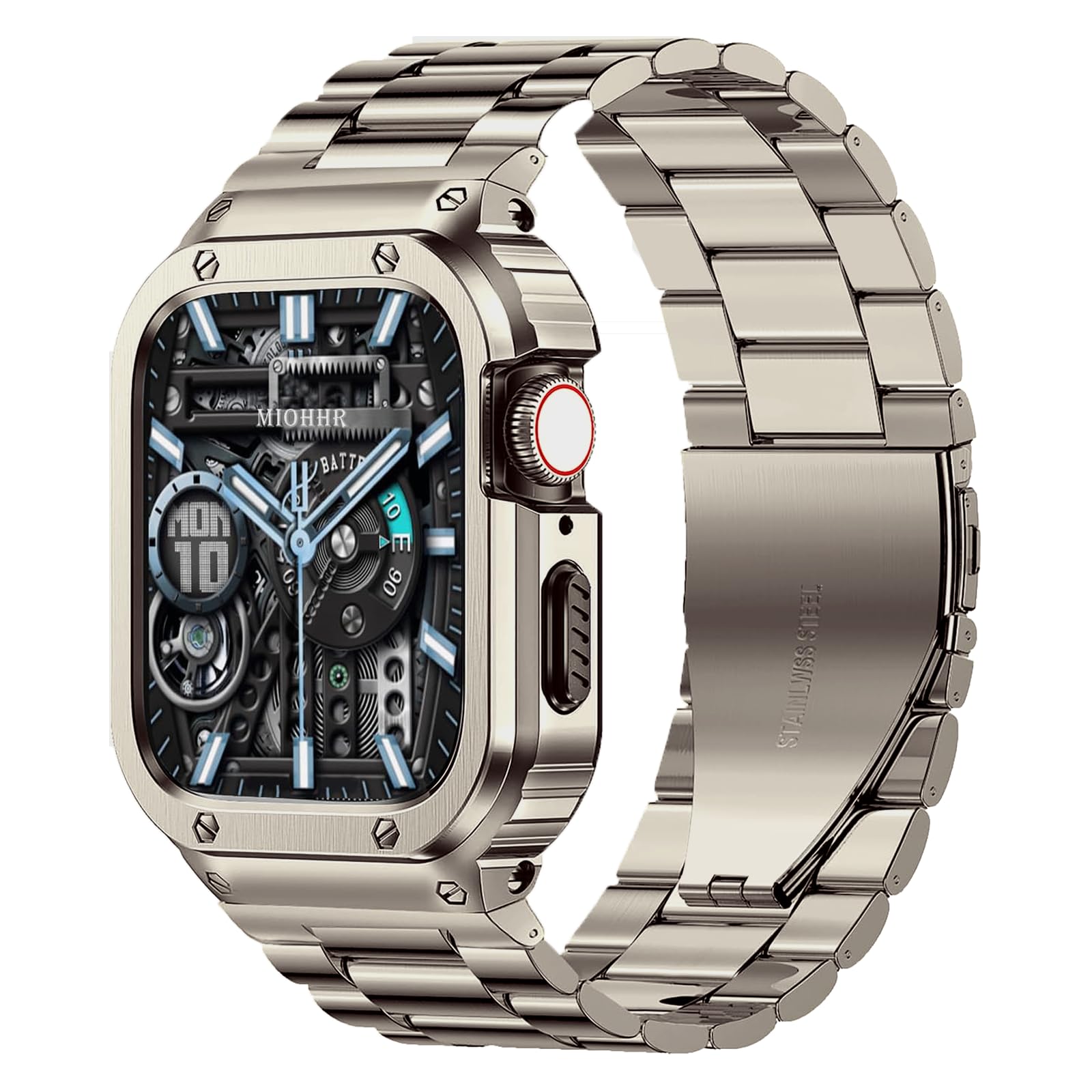 Photo 1 of MioHHR Stainless Steel Band and Case Compatible with Apple Watch Band 45mm, Men Metal Protective Bumper Cover for iWatch Series 9/8/7, Titanium Color