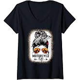 Women's Leopard Messy Bun Hair Woman Motorcycle Life Biker Girl V-Neck T-Shirt