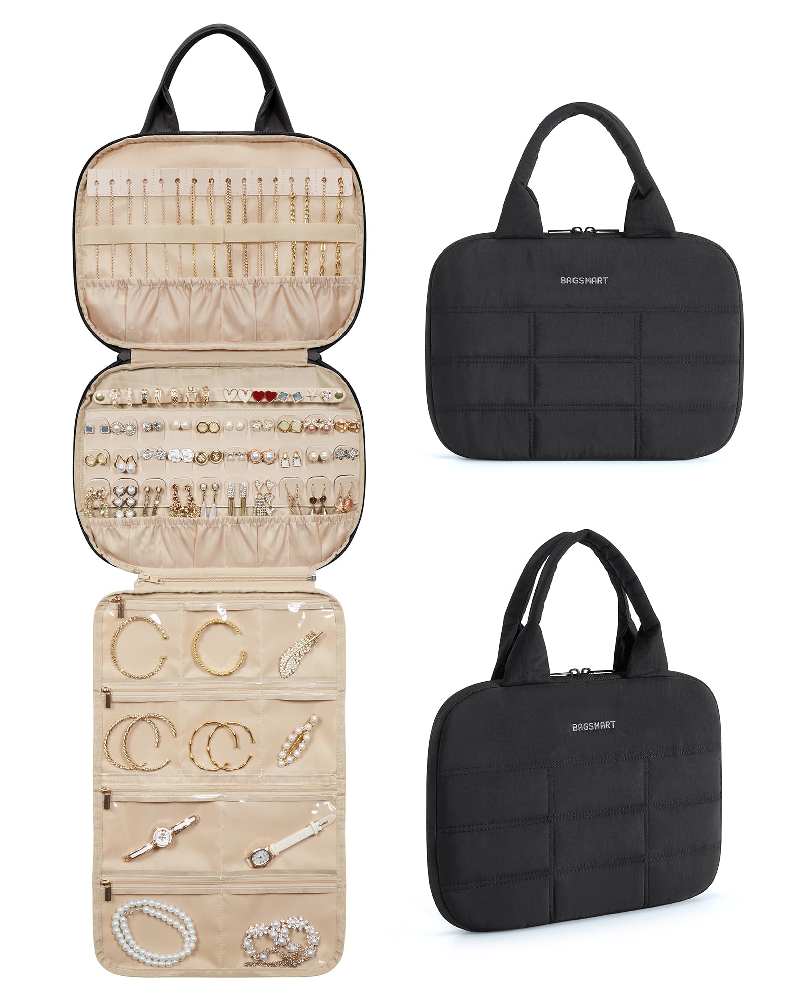 Photo 1 of BAGSMART Jewelry Travel Case, Hanging Jewelry Organizer with Zipper Pockets, Large Capacity Puffy Jewelry Roll for Earrings, Necklaces, Rings on Closet, Wall, Door, Portable Travel Essentials, Black