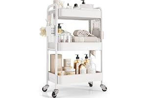 TOOLF 3 Tier Rolling Cart Storage Organizer, Metal Rolling Utility Cart with Wheels, Hooks & Bins Esthetician Craft Art Sturd