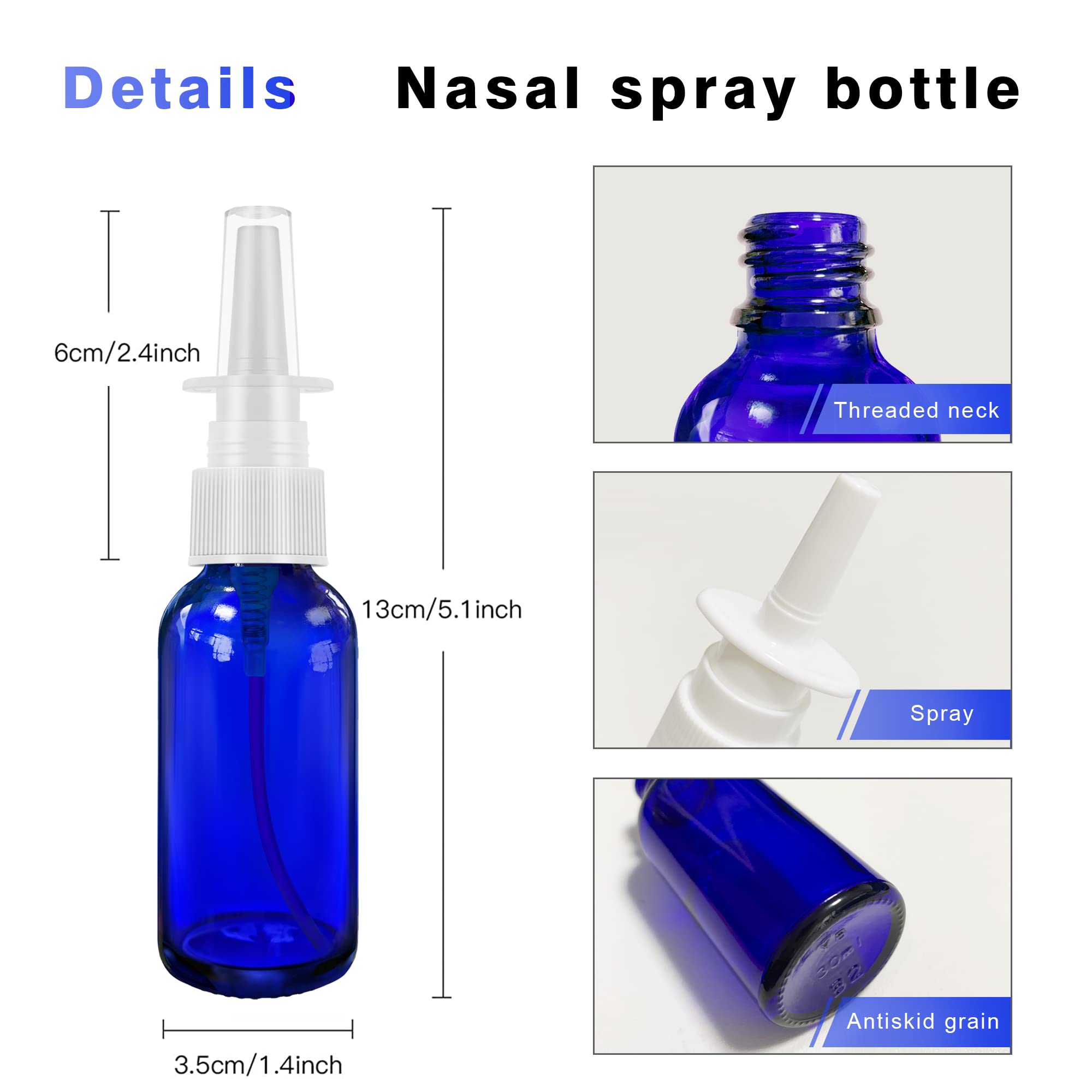 Nasal Spray Bottle Spray Glass Bottles 4Pcs 1oz (30ml) with Press Spray Head Refillable Portable Fine Mist, funnel, dropper,label, empty nose spray glass bottle blue nasal spray bottle