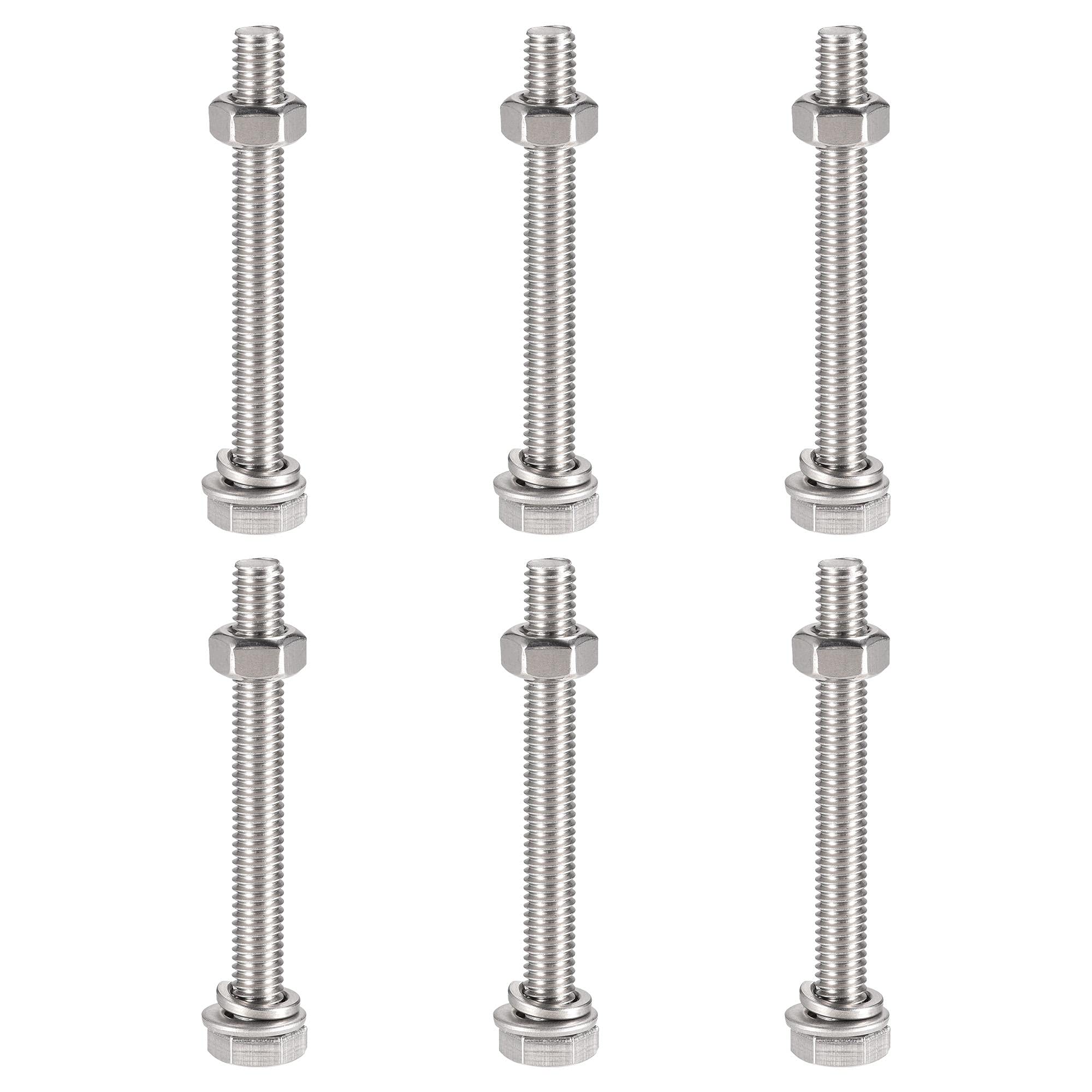 sourcing map M6 x 55mm Hex Head Screws Bolts, Nuts, Flat & Lock Washers Kits, 304 Stainless Steel Fully Thread Hexagon Bolts 6 Sets