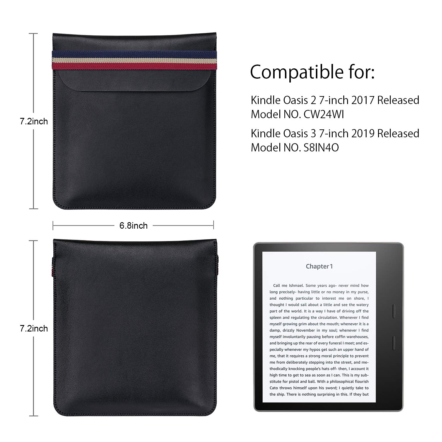 WALNEW 7 Inch E-Reader Sleeve for 7'' Kobo Libra H2O 2019 / Kindle Oasis (10th and 9th Gen, 2019 and 2017 Released) Protective Pouch Insert Sleeve Case Cover Bag, Black