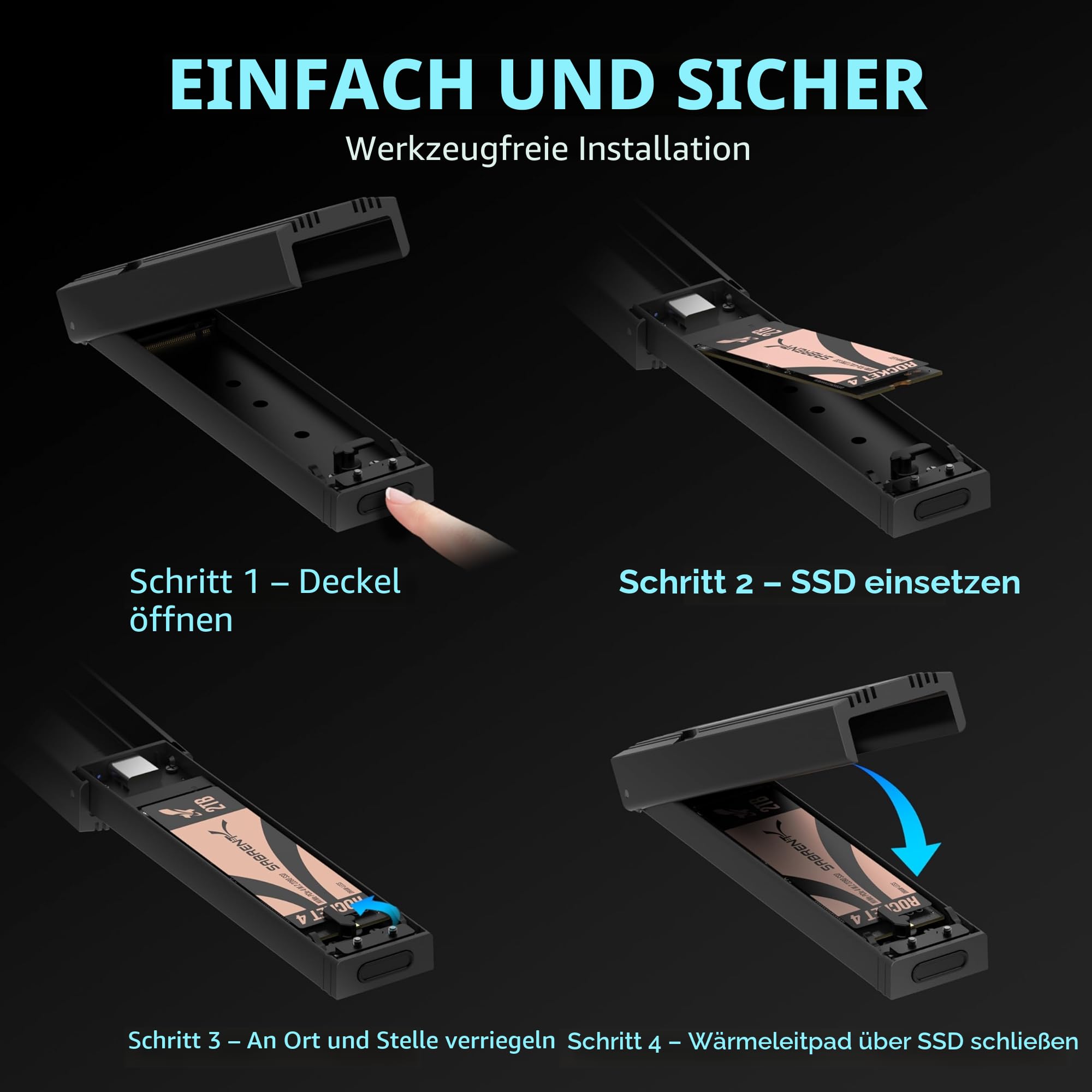 SABRENT NVMe Gehäuse USB 3.2 Type-C für M.2 SSDs 2230/2242/2260/2280, nur NVMe (Keine SATA), 10Gbps Gen 2, werkzeuglos, Aluminium-Kühlkörper, Type-A Adapter, Plug & Play (EC-PNVO) 2