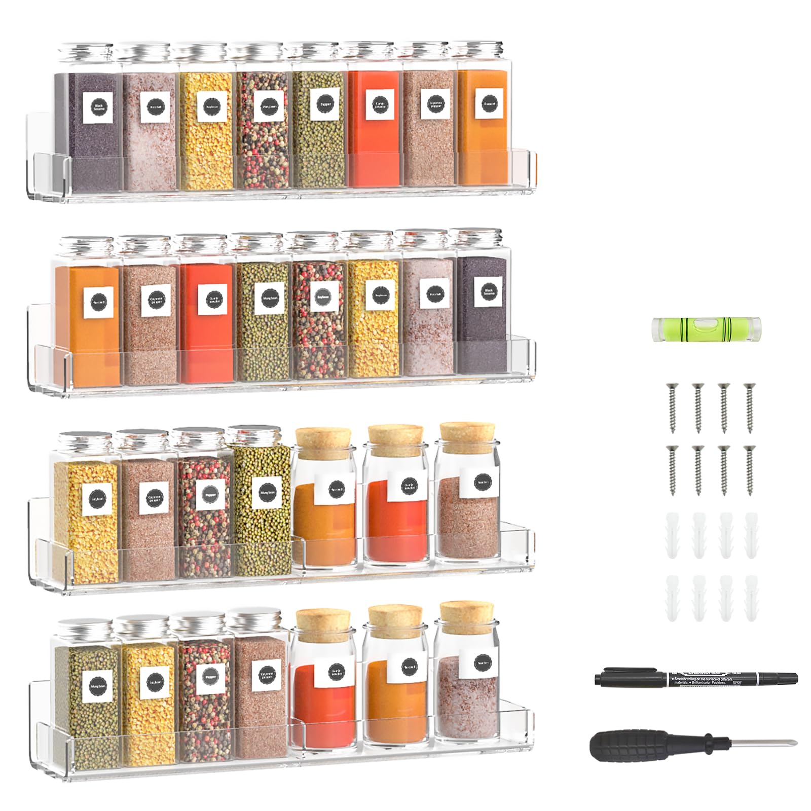 Sezanrpt Acrylic Wall Spice Rack Organizer, Seasoning Rack Shelf Organizer, Clear Wall Mounted Spice Rack Condiment Organizer with Additional Removable Middle Divider, 4 Pack