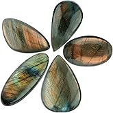 CRYSTALIS Big 5pcs, Size : 25-30mm Natural Labradorite Loose Gemstone Wholesale Bulk Cabochons Jewelry Making Supply, Chakra & Healing Polished Stone, Wire Wrapping, DIY, Gem Collection [Yellow-fire]