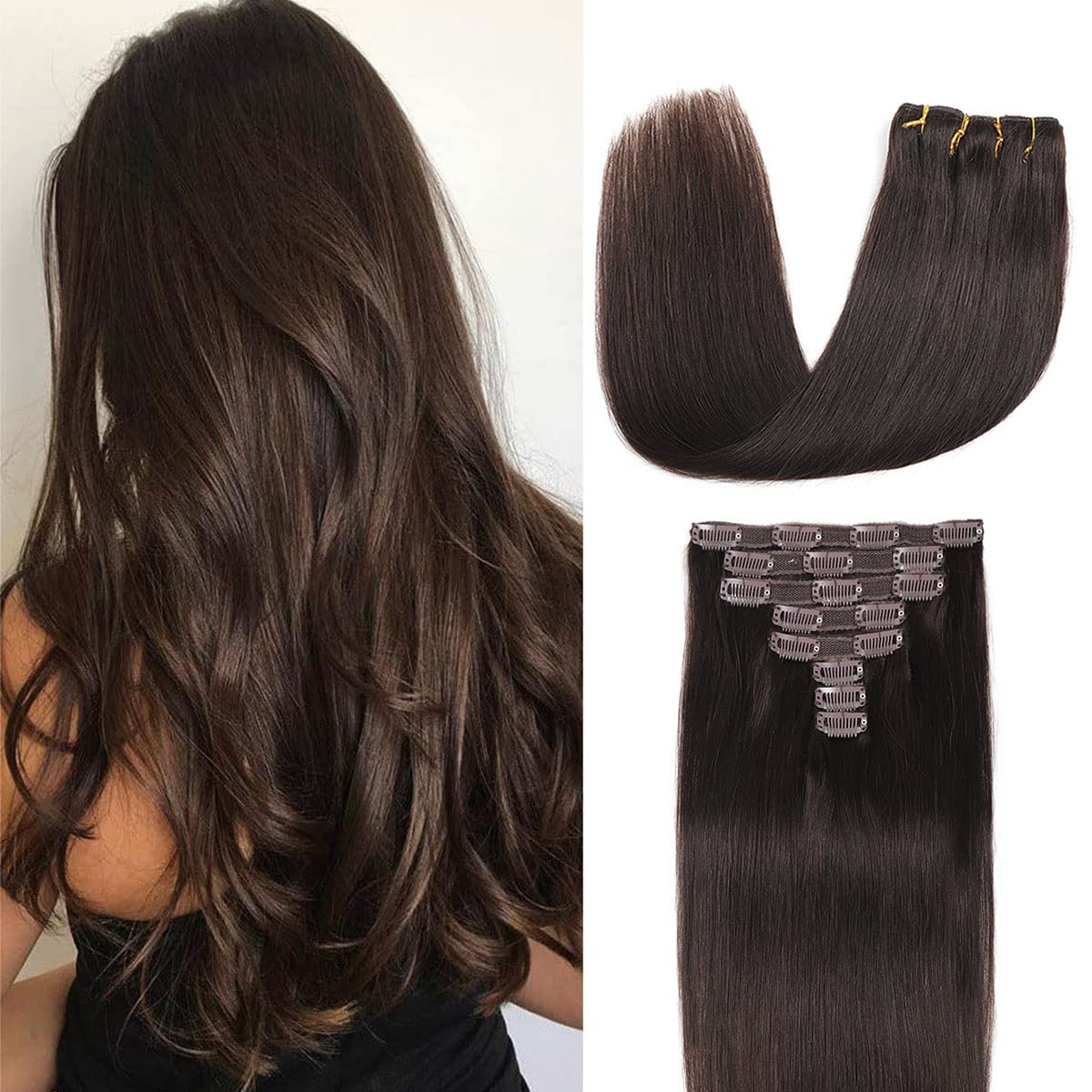 Clip in Hair Extensions Real Human Hair 8 Pieces Straight Real Remy Human Hair Full Head Human Hair Extensions Clip in Double Weft Real Remy Hair (#2 Dark Brown, 22 Inch) โ image 1