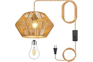 YIIZON Plug in Pendant Light Rattan Hanging Lights with Plug in Cord Bamboo Hanging Lamp, Handmade Woven Boho Wicker Basket Lamp Shade,Plug in Ceiling Light Fixture for Living Room Bedroom Kitchen
