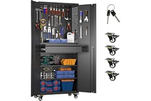 METALYEYE Metal Garage Cabinet with Wheels,71''H Rolling Lockable Steel Tool Cabinet with Pegboard & 1 Drawer for Garage,Home,Office Assembly Required,Black