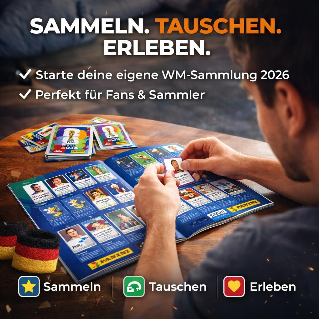 XXL Fan Starterset WM 2026 – Original Panini Sticker Album, Extra 1x Spielplan & Deutschland Blumenkette (25 Tüten / 175 Sticker Set) Eigenmarkenbundle 3