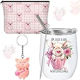 Sieral 3 Pcs Pig Gifts for Pig Lover Women Girls Mom 12 Oz Stainless Steel Wine Tumbler with Lid Cosmetic Bag Keychain for Birthday Themed Animal Lovers