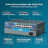YuanLey 16 Port PoE Switch with 2 Gig Uplink 1 SFP 250W 802.3af/at view 2
