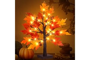 REMON 1.5FT Lighted Fall Maple Tree - Thanksgiving Tabletop Lamp Decor with 36 LED Lights, Maple Leaves, 6 Acorns, 6-Hours Timer Function, Battery Operated Fall Artificial Tree for Indoor Home Bedroom