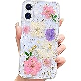 Abbery for iPhone 16 Case Cute Clear with Dry Real Flowers Floral Design Bling Glitter Sparkly Soft TPU Aesthetic Shockproof Protective Women Girl's Kawaii Trendy Pink Flower Phone Case for iPhone 16
