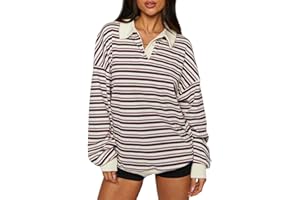 MEIWEILEYA Y2k Women Striped Rugby Polo Shirt Long Sleeve Collared Oversized Vneck Sweatshirt Vintage Jersey Girls Streetwear