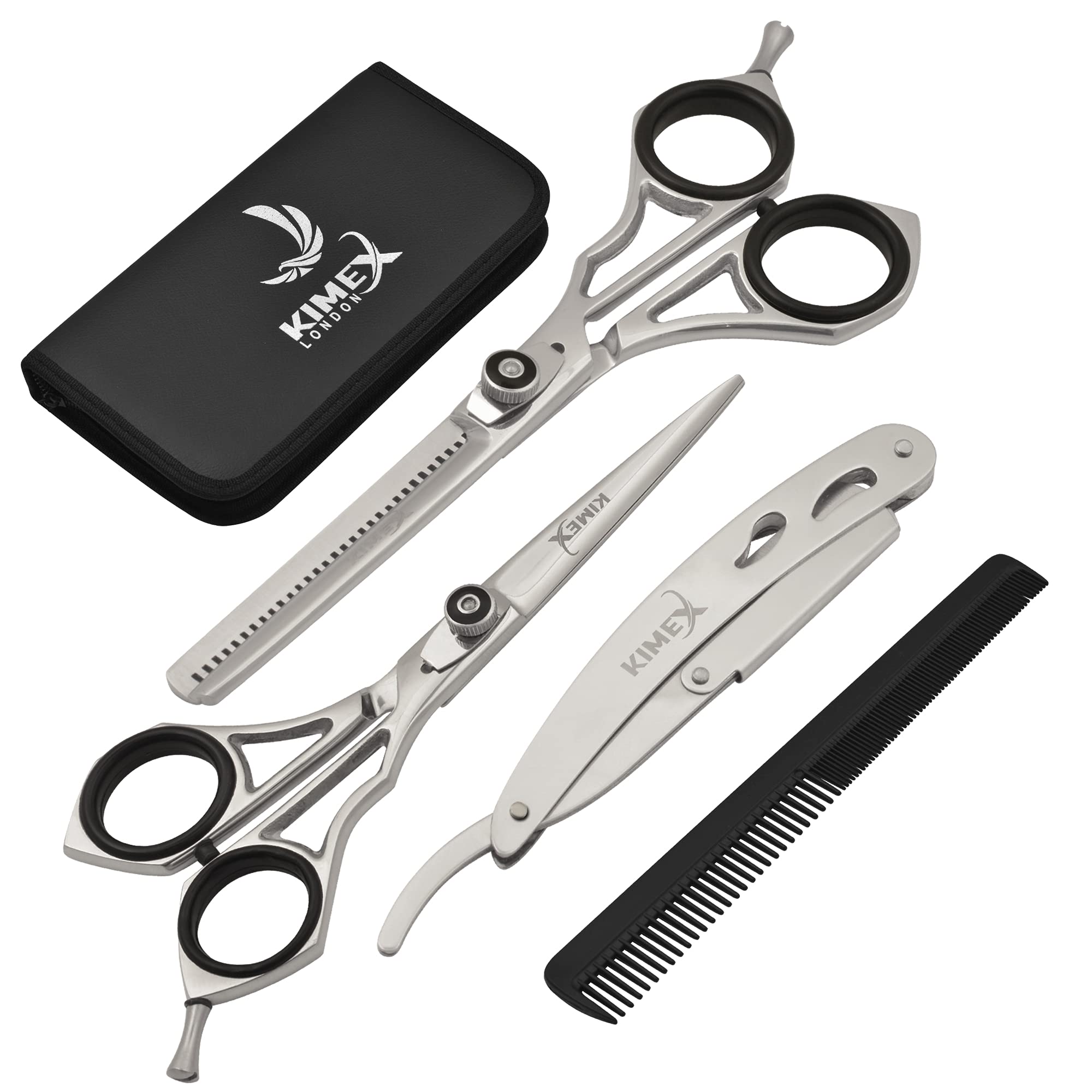 KIMEX LONDON® Hairdressing Barber Hair Scissor Set for Professional Hairdressers Barbers- Stainless Steel Hair Cutting Shears- Complete Set of Scissor+ Thinning + Razor + Combs + Leather Cover