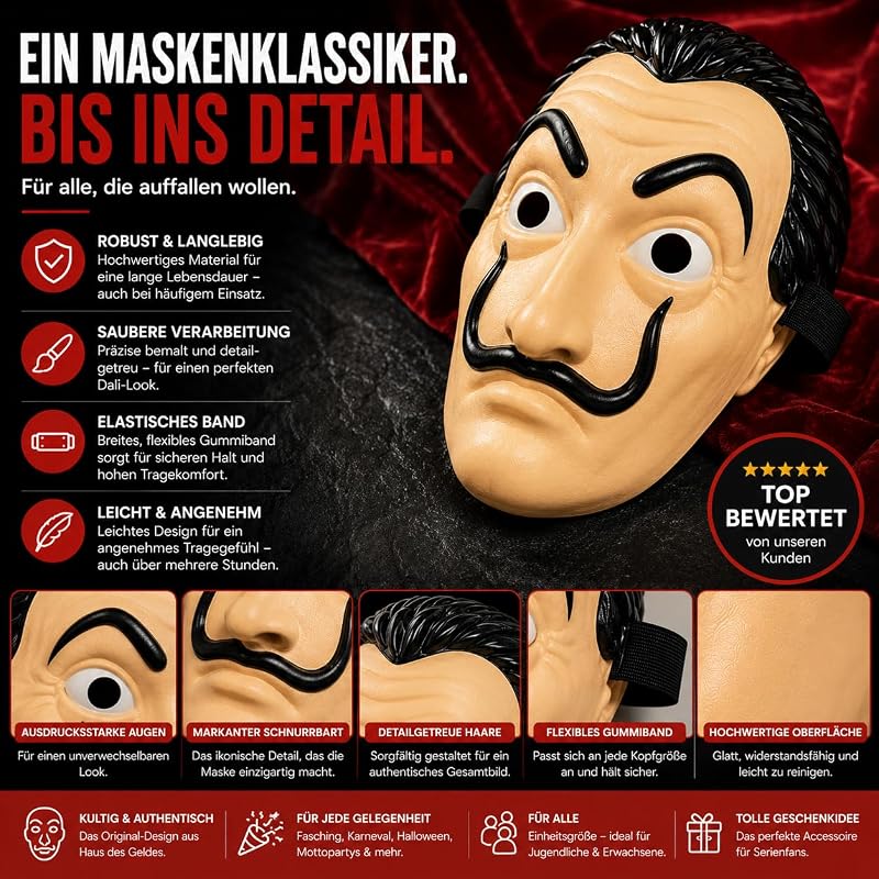 1x Salvador Dali Masque Costume - House of Money déguisement casa del papel Bella Ciao House connu de House of Money - Carnaval, Mardi gras, Halloween — photo 8 sur 8