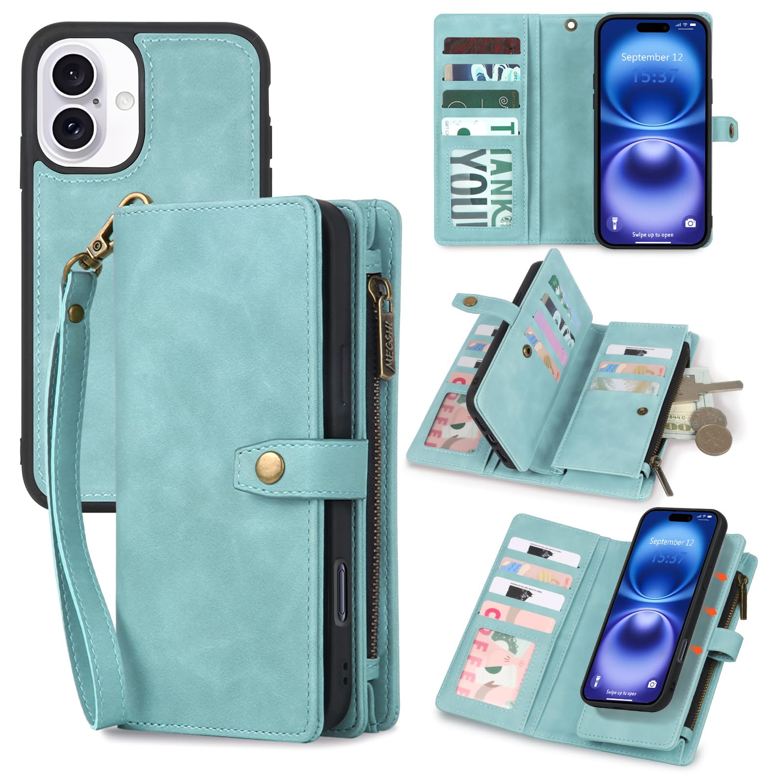 Photo 1 of TwoHead Wallet Case Compatible with iPhone 16,Detachable Magnetic Phone Case,PU Leather All-Round Protective Case Wallet with Card Holder/Change Pocket,6.1 in,Blue