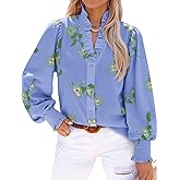 Tankaneo Womens Floral Ruffle Blouses Dressy Casual Long Puff Sleeve Boho Tops V Neck Button Down Shirts