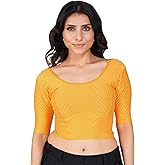 Fressia Fabrics Round Neck Pure Dobby Cotton Stretchable Elbow Sleeve Readymade Saree Blouse for Women Stylish (208_yellow_4XL)