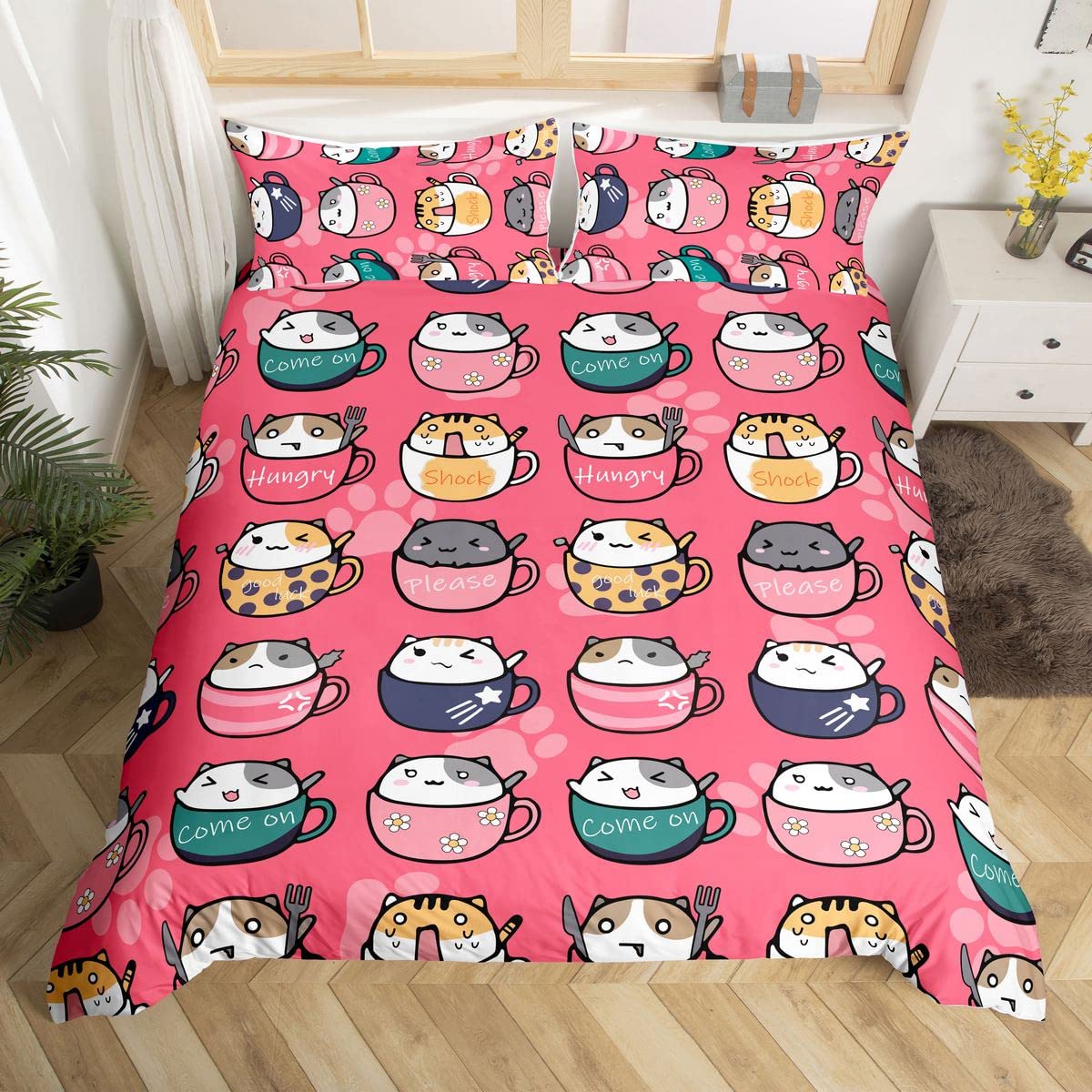Loussiesd Kids Bedding Set Cute Cats Kitten Comforter Cover Set King For Girls Children Teens Bedroom Decor Lovely Cartoon Pet Animal Cup Cat Duvet Cover Set Kawaii Bedspread Cover