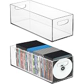 Frcctre 2 Pack Acrylic DVD/CD Storage Box, Clear DVD Holder Case with Handles, Stackable Storage Container Shelf Organizer Bin for CDs, Video Games, Blu-ray, Books, Home, Office