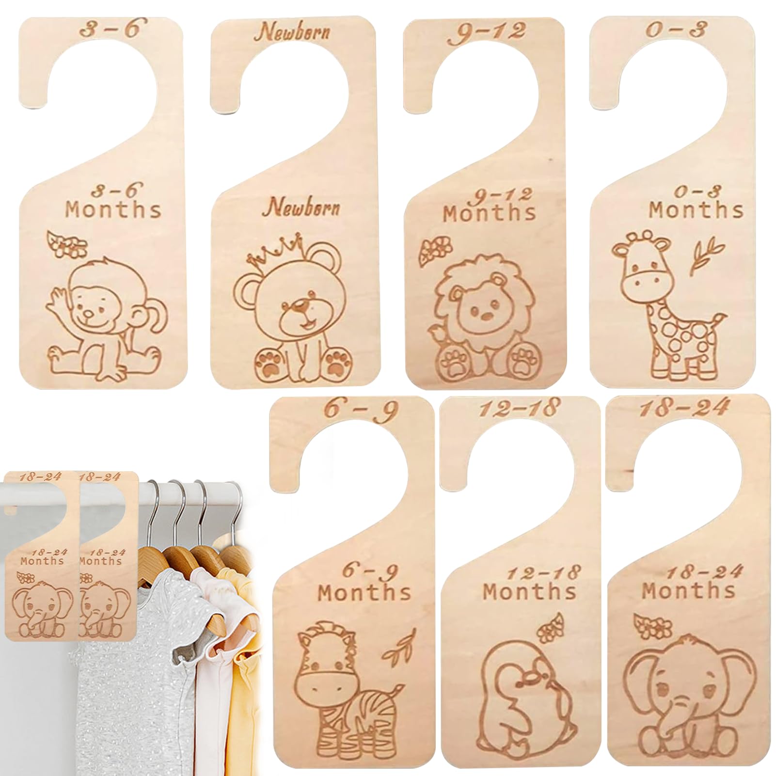 7Pcs Baby Wardrobe Dividers for Baby Clothes Wood Baby Closet Dividers Baby Clothes Dividers Original Design Newborn to 24 Month Baby Wardrobe Organiser Nursery Decor Baby Clothes Organizers (Animal)