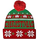 Livcoz Christmas Knit Beanie for Adult Men Women, Red Green Xmas Cuffed Stretchy Woolen Yarn Winter Warm Hat with Pompom, Snowflake Bell Tree Soft Knitted Crochet Cap