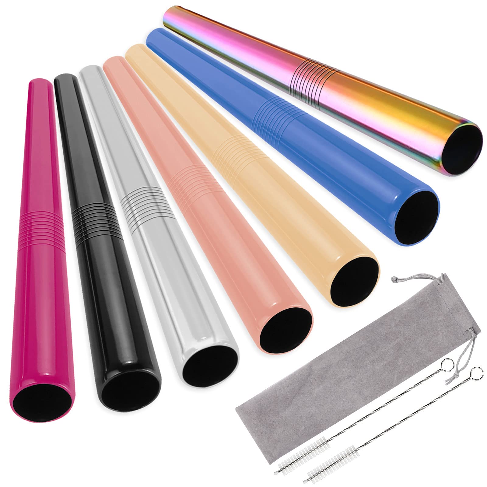 UNOLIGA 12mm Extra Thick Reusable Metal Drinking Straws, 7 Colors Stainless Steel Jumbo Straws for Boba Tea Bubble Tea Milkshake Smoothie, Portable Eco Straws with 2 Cleaning Brushes