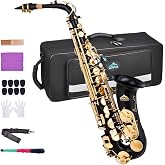 EASTROCK E Flat Alto Saxophone Black/Golden Sax for Beginners and Students | Alto Sax Kit-Carrying Case, Mouthpiece, Reeds, Cushion Pads, Cleaning Kit, Gloves, Neck Strap for Practice &amp; Performance