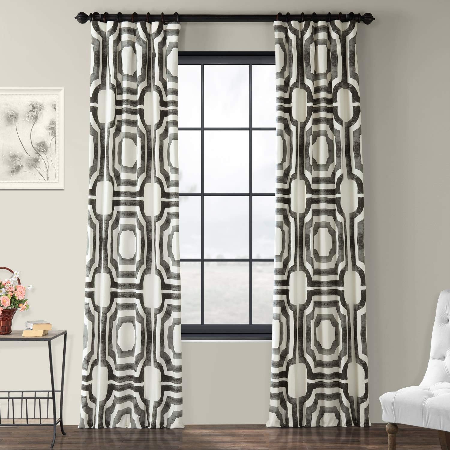 HPD Half Price Drapes Geometric Printed Curtains 84 Inches Long Luxury Cotton Curtains (1 Panel) Room Darkening Window Curtains for Bedroom & Living Room, 50W x 84L, Mecca Geometric Steel Image