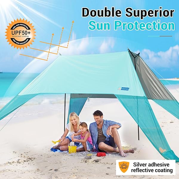 LARGE PORTABLE BEACH SHADE- 15X10FT, EASY SETUP, UPF50+ PROTECTION, ULTRA-STABLE, GULL-WING BEACH TENT