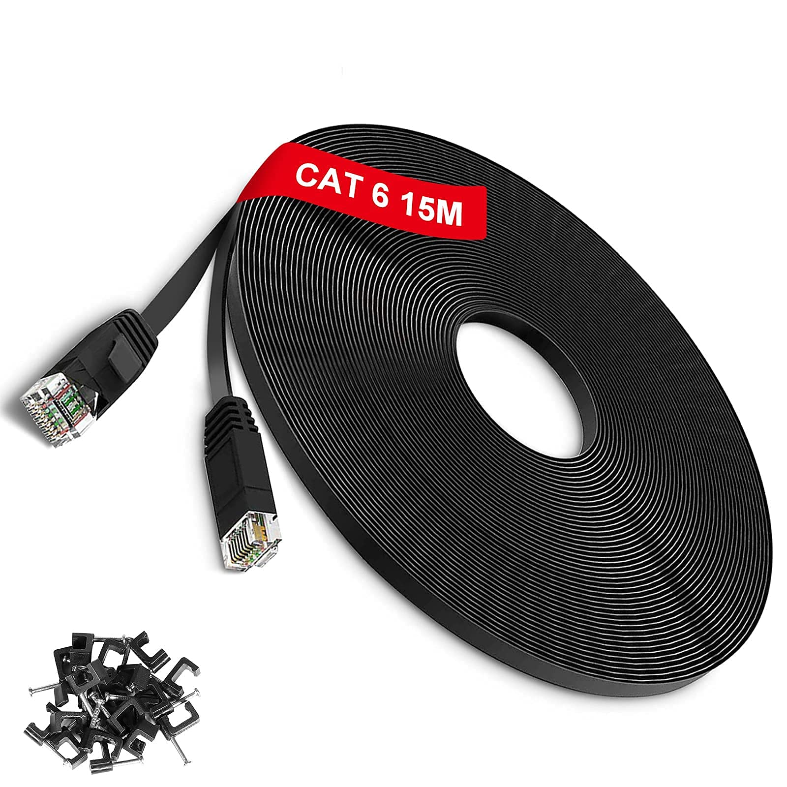 TBMax 15m Ethernet Cable Cat6, Flat Network Cable High-Speed 1Gb 250MHz Gigabit LAN Cable with RJ45 Connectors, Long Internet Cable - UTP Patch Cables for Modem, Router, Switch, CCTV, Black