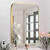 JENBELY Brushed Gold Mirror, 24"x36" Rectangle Bathroom Mirror, Metal Frame Rectangle Corner Vanity Mirror, Wall Mounted Mirror for Modern, Living Room, Bedroom, Horizontal Or Vertical