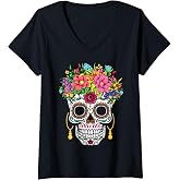 Women's Dia De Los Muertos Day of The Dead Sugar Skull Halloween V-Neck T-Shirt