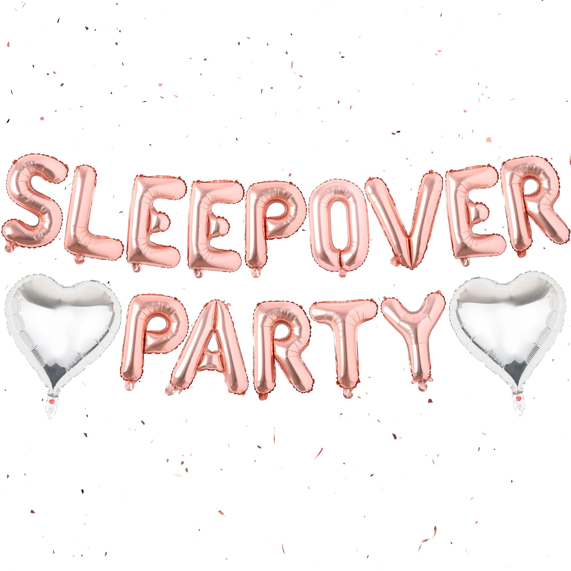Sleepover Party Supplies for Girls - 16pieces Sliver Heart Foil Balloon Rose Gold Sleepover Party Kit Letter Balloons Banner Set for Slumber Girl Night Spa Theme Party Decorations