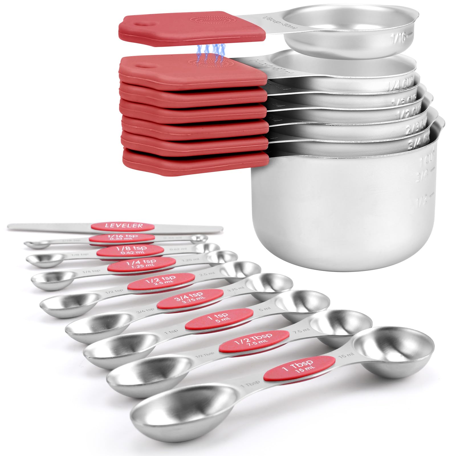 Magnetic Measuring Cups and Spoons Set-Heavy Duty 304 Stainless Steel，Double Measurement Markings，Set of 16 with Leveler for Measure Dry and Liquid Ingredients (Red) Image