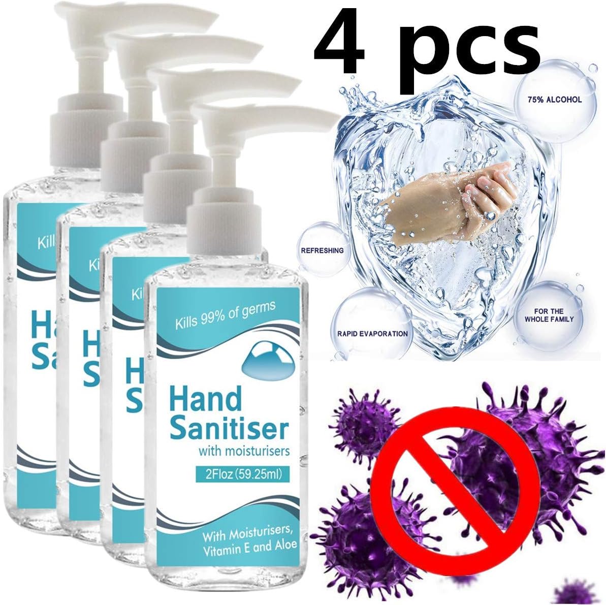 4PC Hand Sanitizer, Portable No-wash Hand Sanitizer, Refreshing Gel Bacteriostatic, Pump Bottle, 60ml, 8 Fl Oz