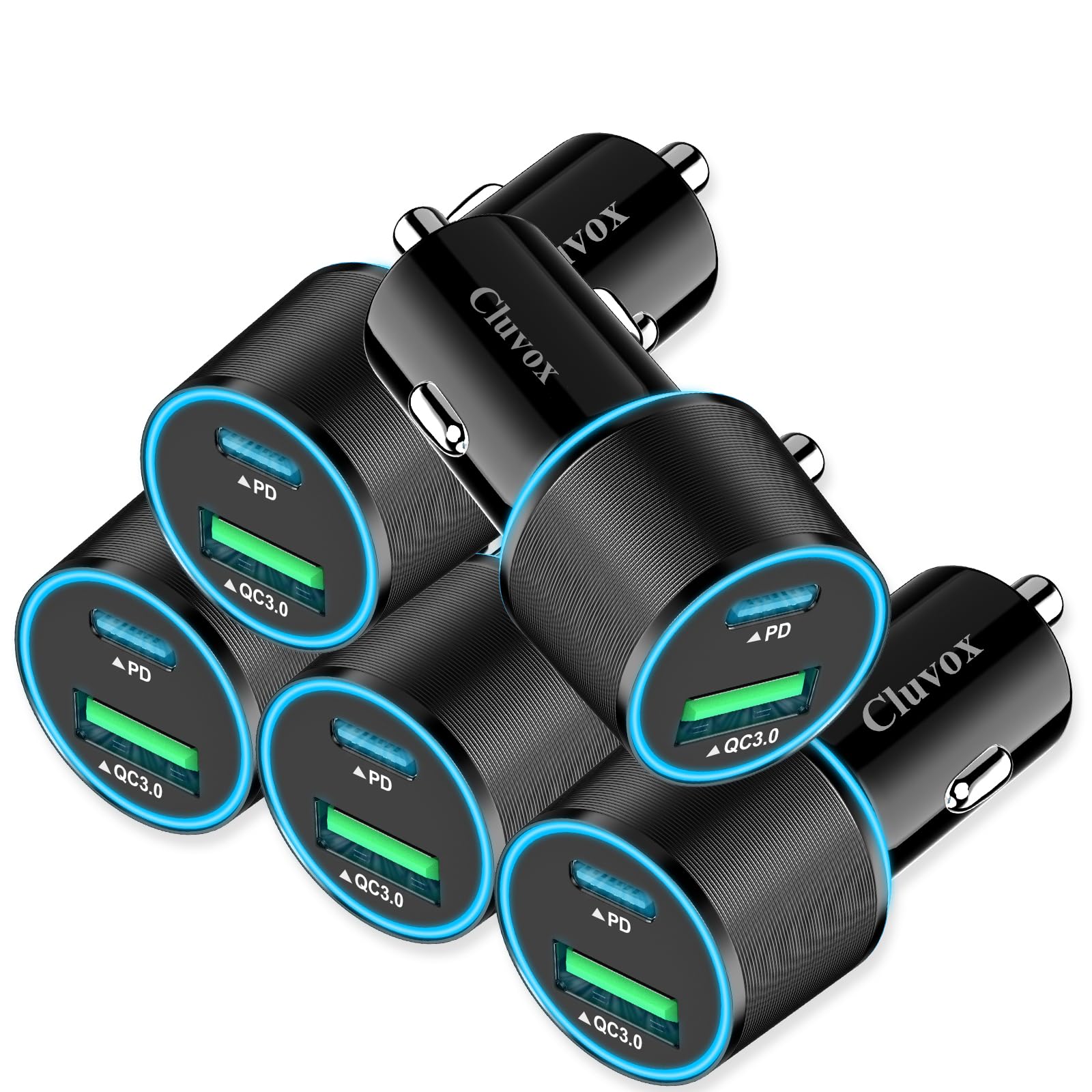 5 Pack 38W USB C Car Charger Adapter, 20W Fast USBC & 18W Rapid QC3.0 Ports, 12V Cigarette Lighter Adapter, Type C Auto Plug Outlet Accessories for iPhone 17 16 15 14, Samsung S26, Android Cell Phone