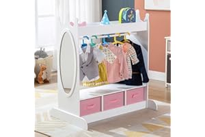 JOYLDIAS Kids Dress Up Storage with Mirror and Drawers, Kid Armoire Dresser, Pretend Storage Closet for Kids, Costume Wardrobe W/Side Pockets Top Shelf for Playroom Bedroom, White