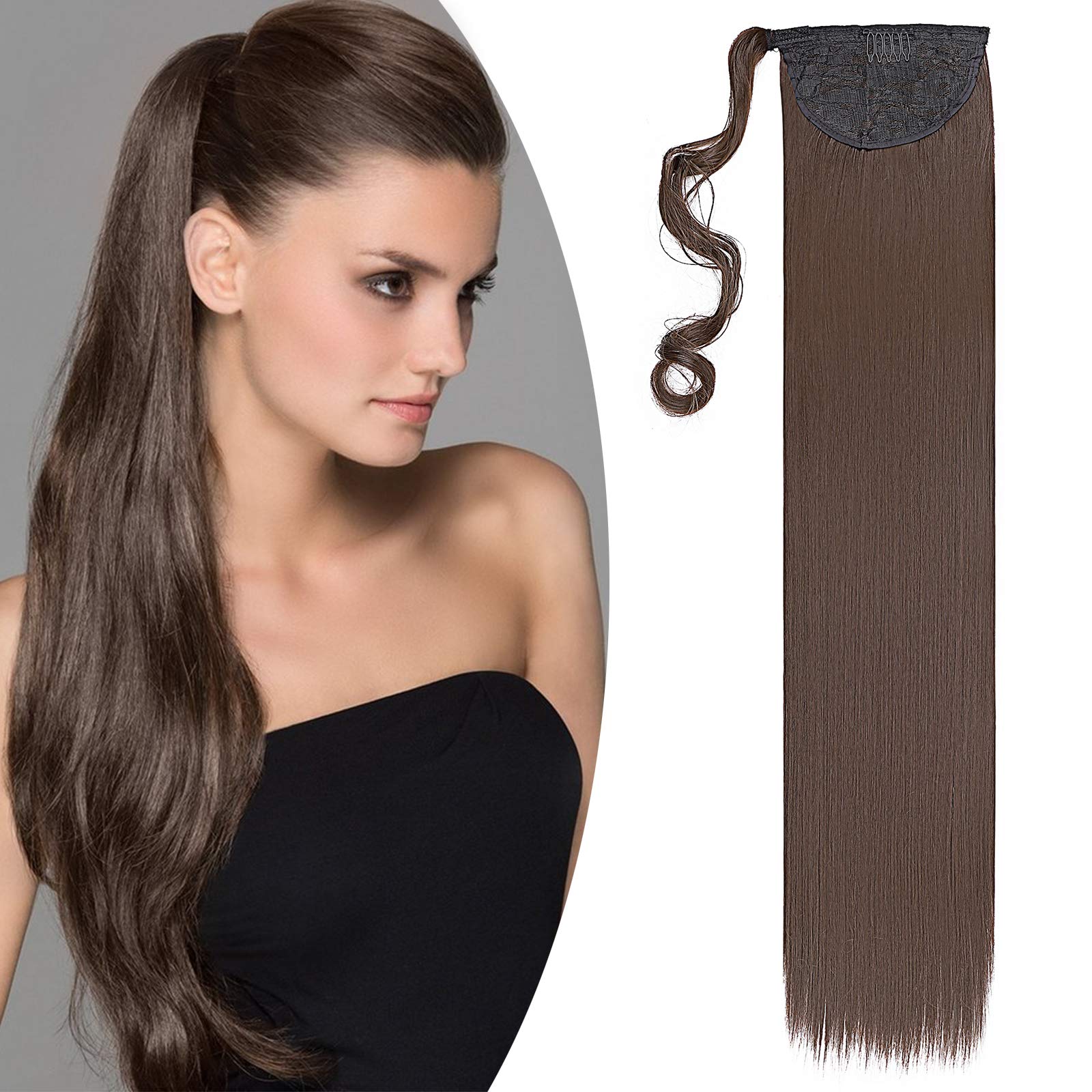 32" Straight Wrap Around Ponytail Clip In Hair Extensions Silky One Piece Long Hairpiece For Women Beauty - Medium Brown