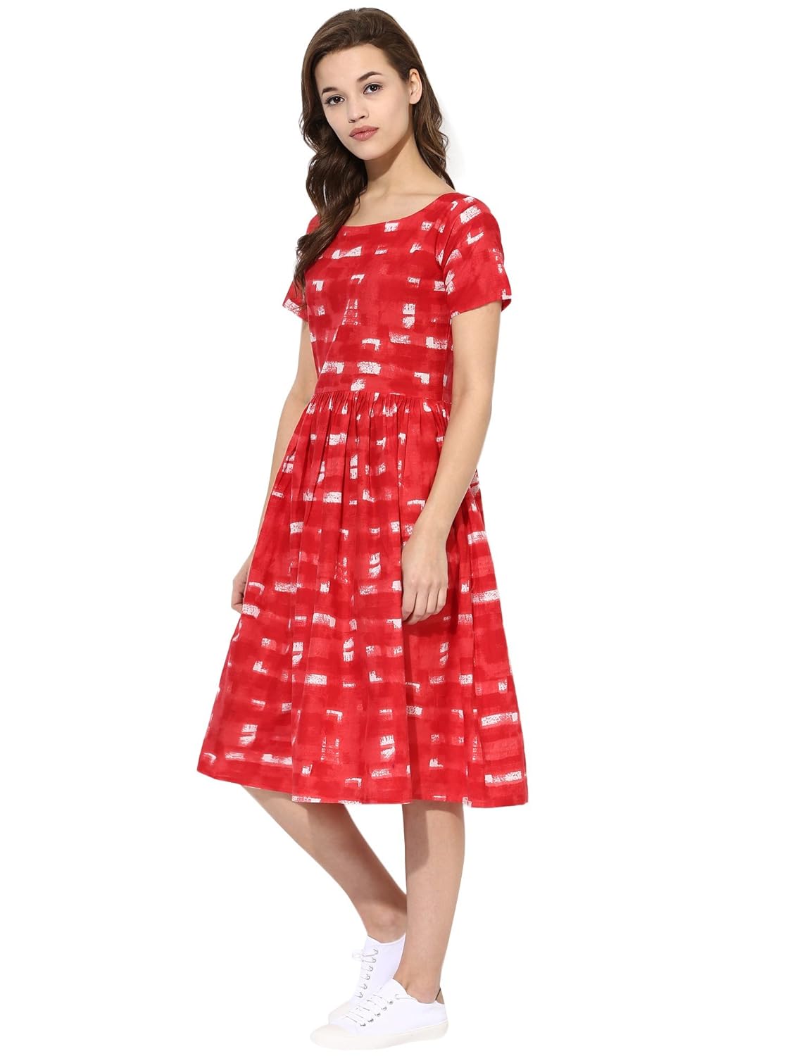 ahalyaa red cotton flare pull over frilled flared summer dress
