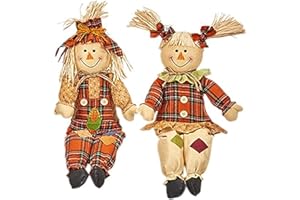 Worth Imports 24" Sitting Scarecrow, Set of 2, Orange, Beige, Green