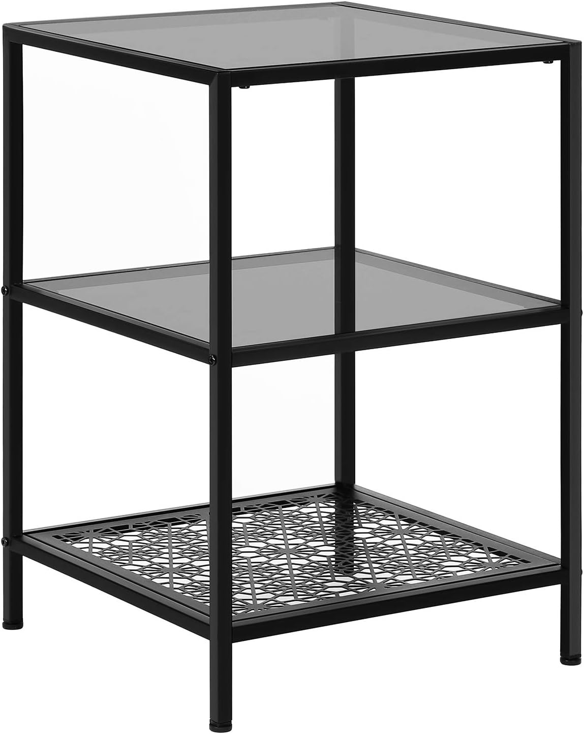 VASAGLE Side Table with 2 Glass Table Surfaces, Storage Shelf with Flower Pattern and Robust Tempered Glass, SGS Tested Sturdy and Stable, for Living Room, Bedroom, Balcony, Metal, Black LGT02BK
